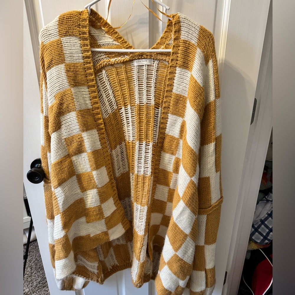 Miss Love oversized checkered cardigan with bell sleeves, women's small
